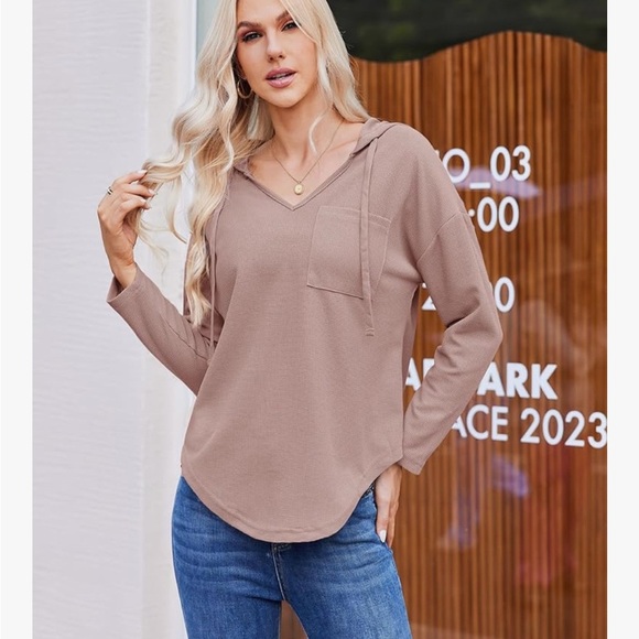 Womens Hoodies Long Sleeve Pullover Top V Neck Drawstring With Pocket (072) - Picture 2 of 5